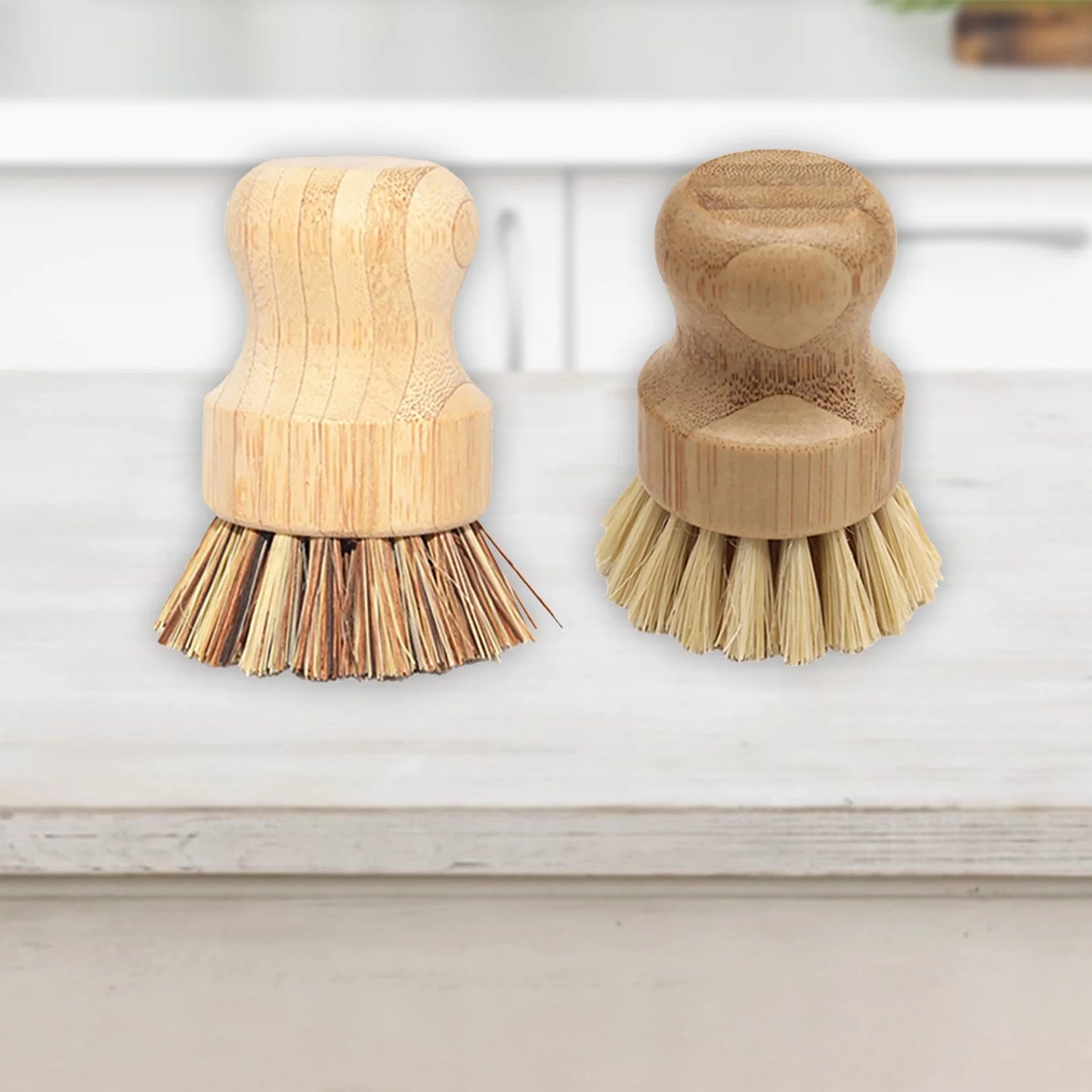2Packs Palm Pot Brush Bamboo round Mini Dish Brush Natural Scrub Brush Durable Scrubber Cleaning Kit with Fiber and Tampico Fiber