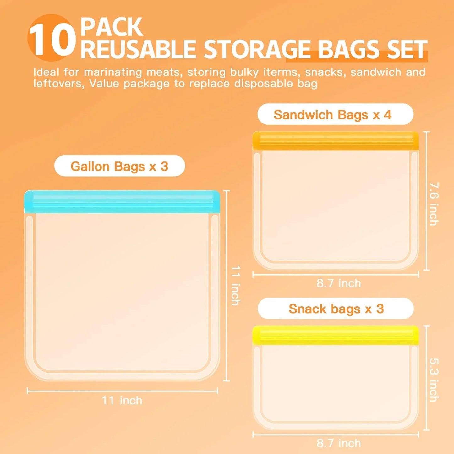 8/10 Pack Dishwasher Safe Reusable Bags Silicone, Leakproof Reusable Freezer Bags, BPA Free Reusable Food Storage Bags for Lunch Marinate Food Travel - 3 Gallon 3 Snack 4 Sandwich Bags