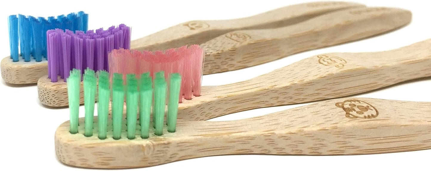 KIDS Bamboo Toothbrush, 4 Pack, Fun Animals, Eco Friendly & Natural, BPA Free, Wooden Toothbrushes, Zero Waste Products, Organic, Vegan, Tooth Brush, Non Plastic, Environmental