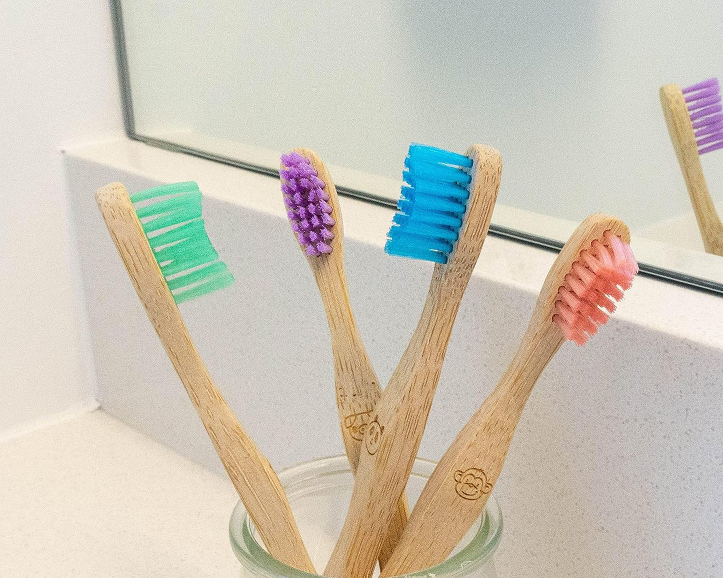 KIDS Bamboo Toothbrush, 4 Pack, Fun Animals, Eco Friendly & Natural, BPA Free, Wooden Toothbrushes, Zero Waste Products, Organic, Vegan, Tooth Brush, Non Plastic, Environmental