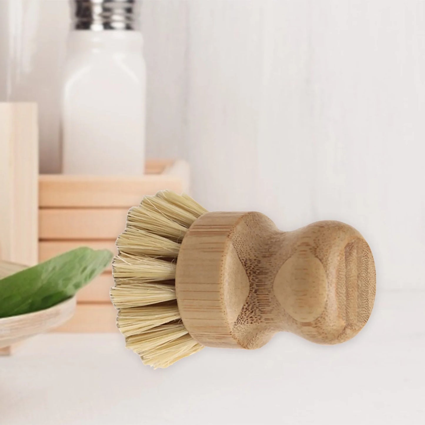 2Packs Palm Pot Brush Bamboo round Mini Dish Brush Natural Scrub Brush Durable Scrubber Cleaning Kit with Fiber and Tampico Fiber