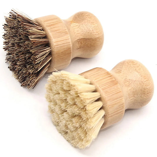 2Packs Palm Pot Brush Bamboo round Mini Dish Brush Natural Scrub Brush Durable Scrubber Cleaning Kit with Fiber and Tampico Fiber