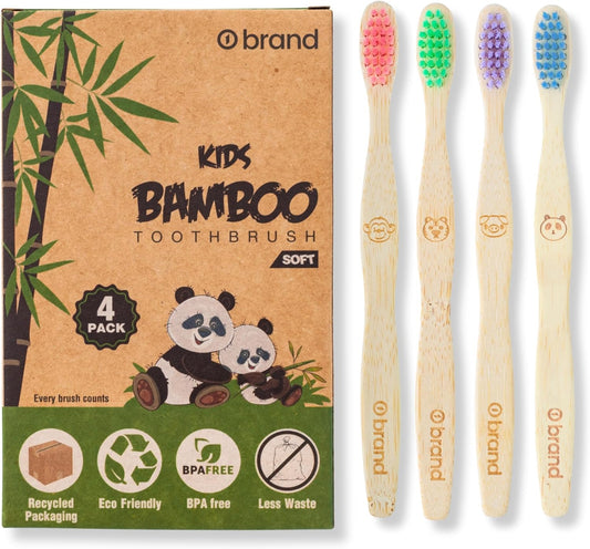 KIDS Bamboo Toothbrush, 4 Pack, Fun Animals, Eco Friendly & Natural, BPA Free, Wooden Toothbrushes, Zero Waste Products, Organic, Vegan, Tooth Brush, Non Plastic, Environmental