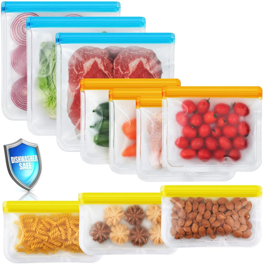 8/10 Pack Dishwasher Safe Reusable Bags Silicone, Leakproof Reusable Freezer Bags, BPA Free Reusable Food Storage Bags for Lunch Marinate Food Travel - 3 Gallon 3 Snack 4 Sandwich Bags